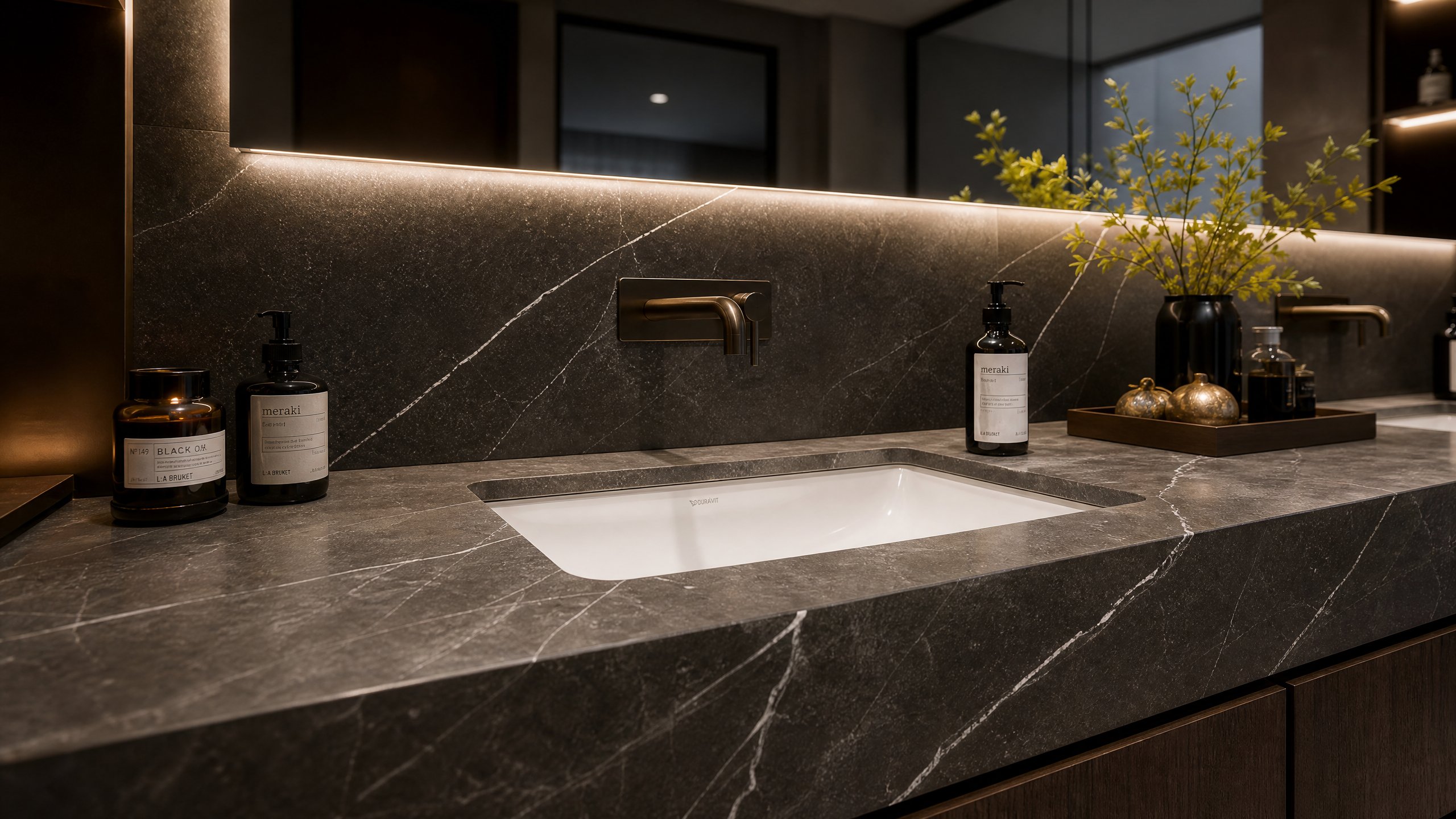 Baño en suite con grifería de latón y diseño minimalista de lujo