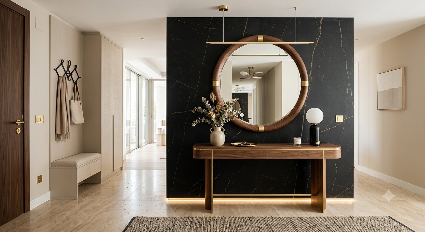 Recibidor elegante con pared de dekton negro, espejo de nogal y detalles en latón