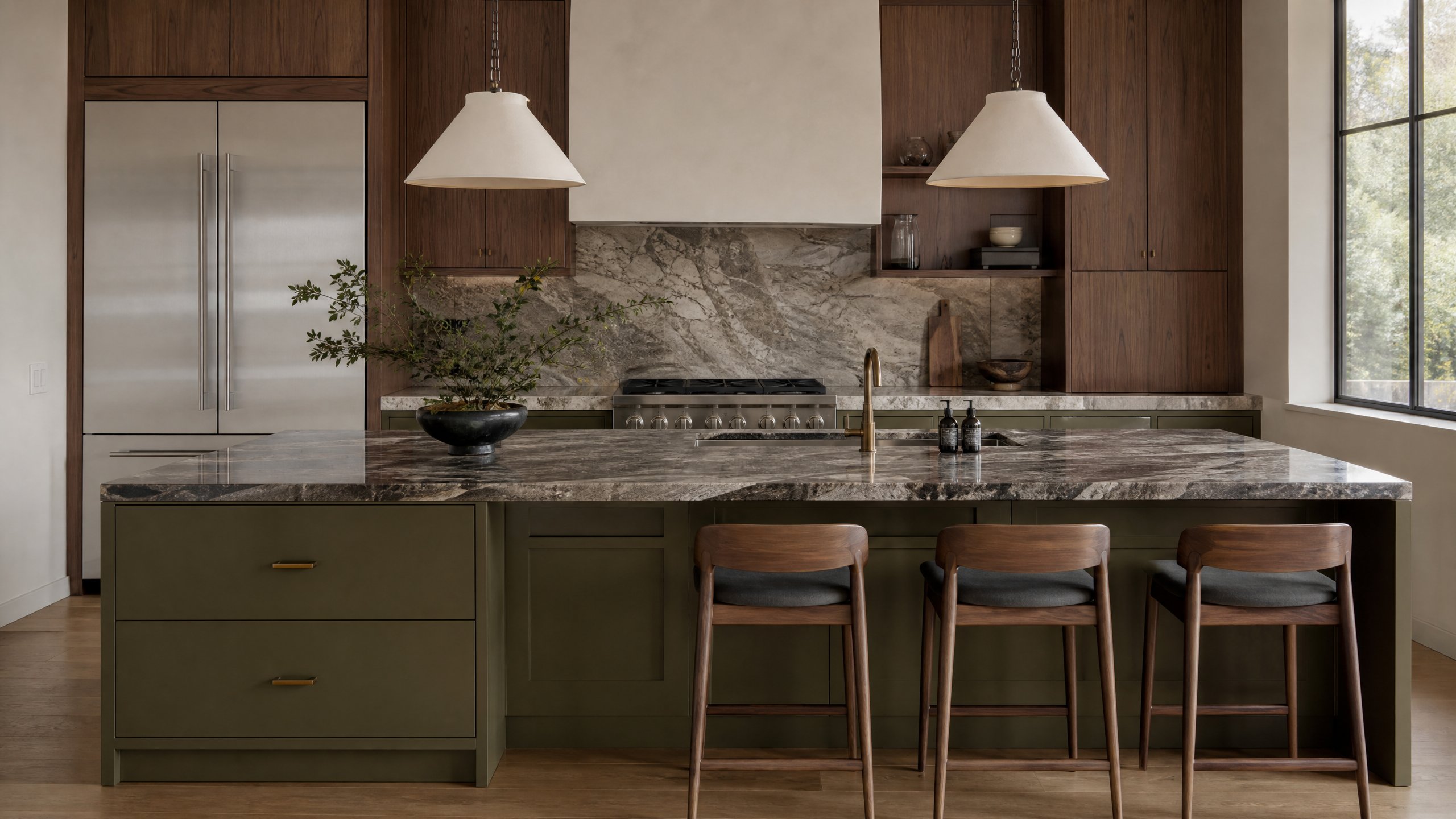 Cocina abierta con isla central en verde olivo y nogal, encimera dekton