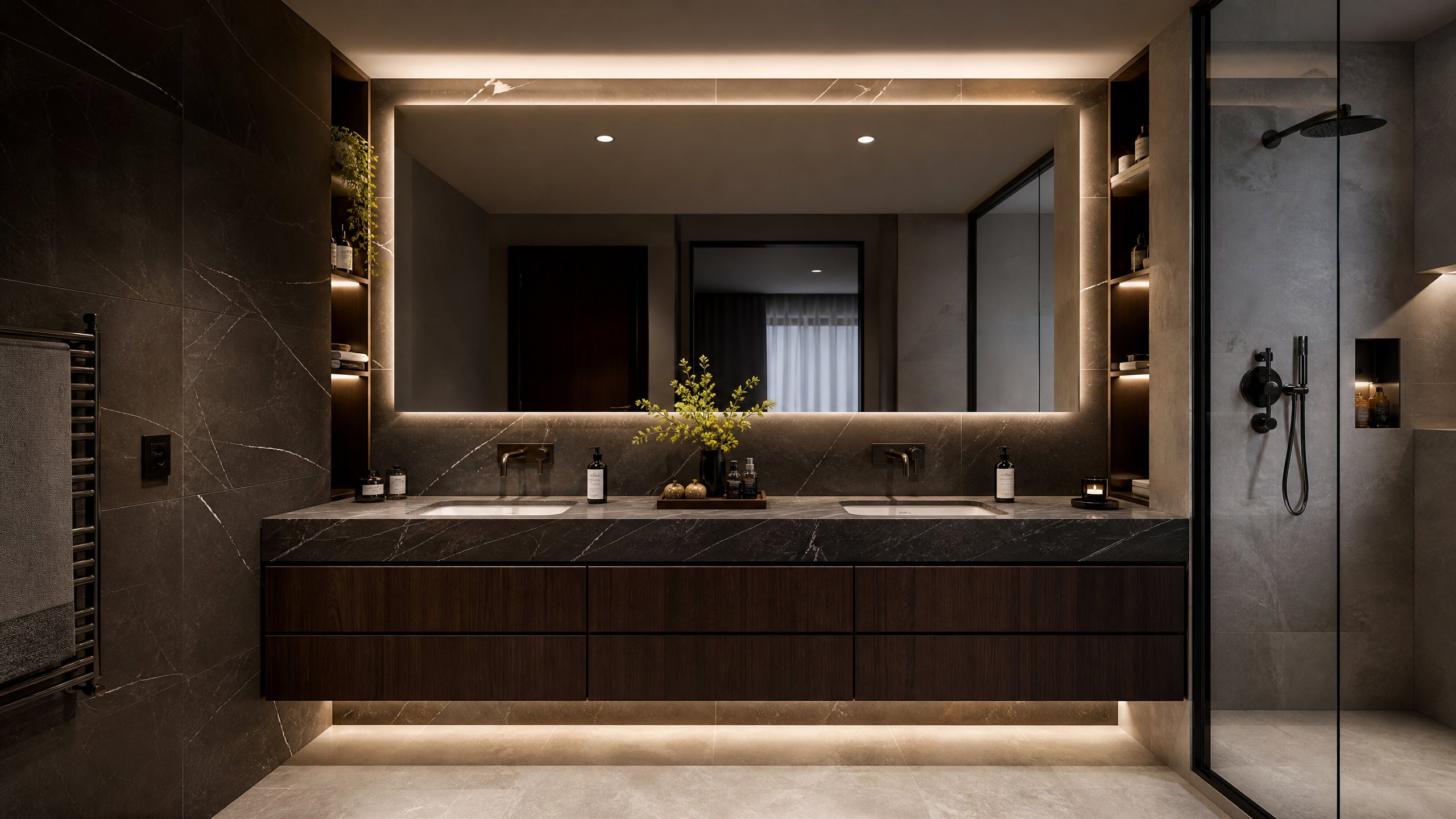 Baño en suite con encimera dekton y grifería de latón